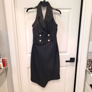 Pinstriped black suit dress, lapel collar, double button front, open back. Sz L